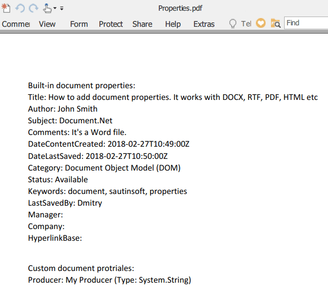 Document Properties Result