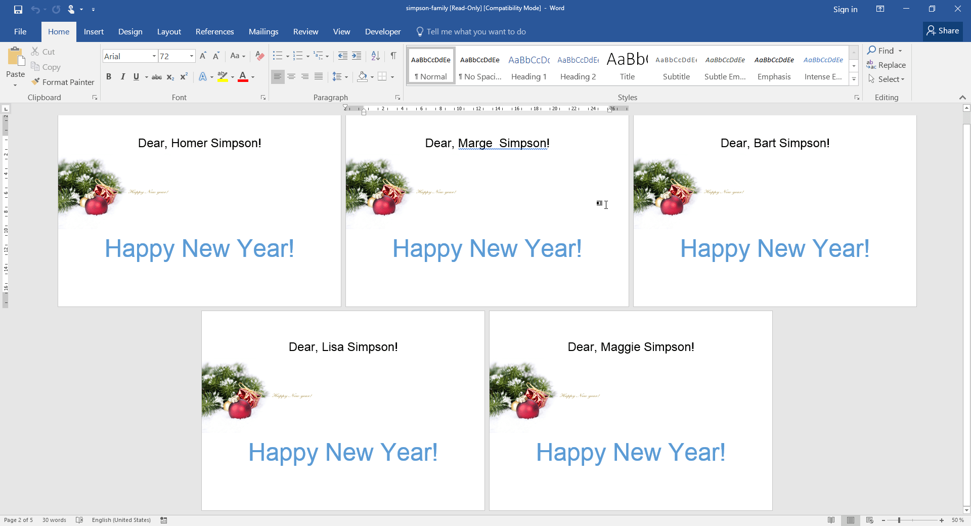 Five personal greetings in the single document.
