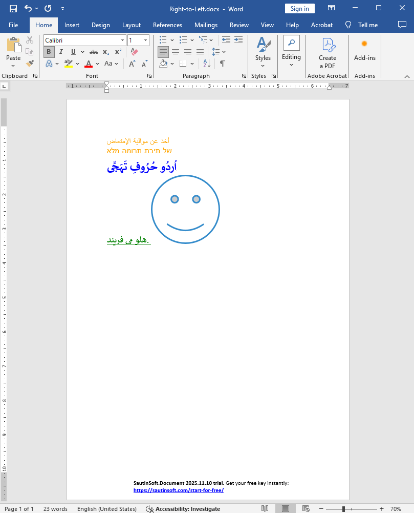 create word document rtl output