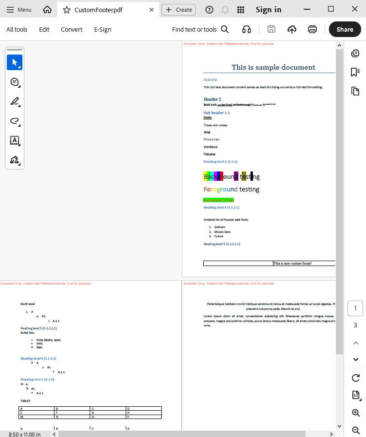 rtf to pdf change the page footer to the custom output custom