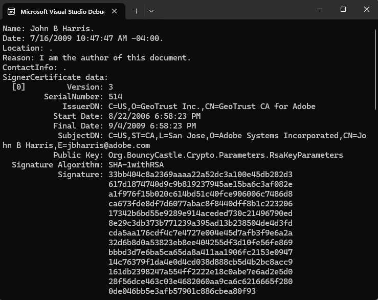 read signature properties output