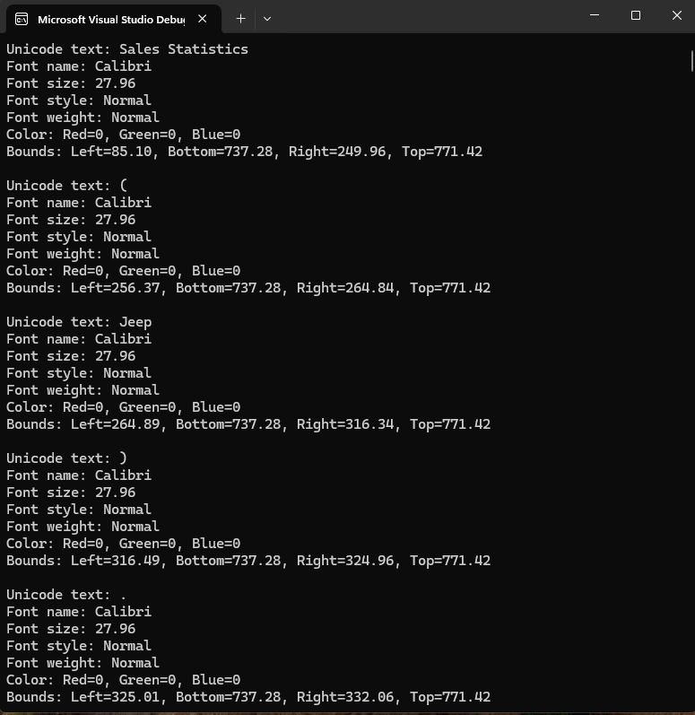 Get a text bounds and size